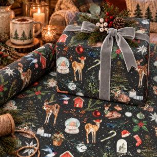 Alles Weihnachten Rentier Stechpalme Sterne Schwar Geschenkpapier