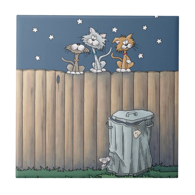 Alley Cats auf einem Zaun Keramik Tile Fliese (Vorderseite)