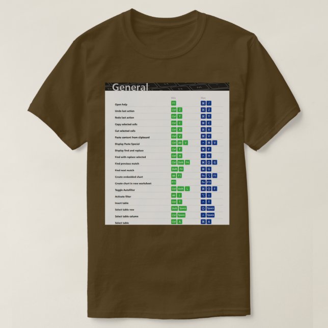 Allgemeine Excel-Tastenkombinationen für Excel-Tas T-Shirt (Design vorne)