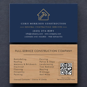 Allgemeiner Bauunternehmer Navy Blau Holz QR-Code Visitenkarte