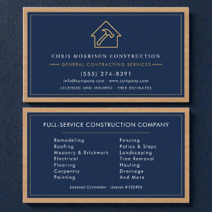 Allgemeiner Bauunternehmer Navy Blue Holz Visitenkarte