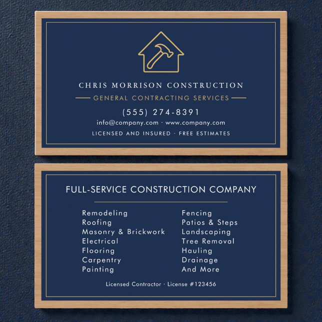 Allgemeiner Bauunternehmer Navy Blue Holz  Visitenkarte (Von Creator hochgeladen)