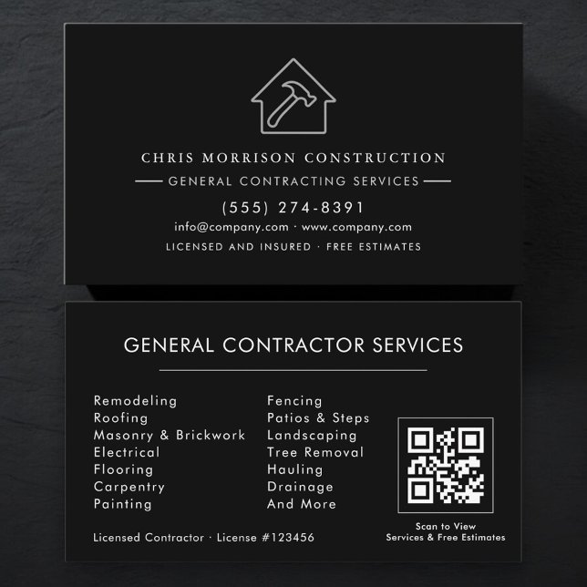 Allgemeiner Bauunternehmer QR-Code Silber Schwarz Visitenkarte (Von Creator hochgeladen)