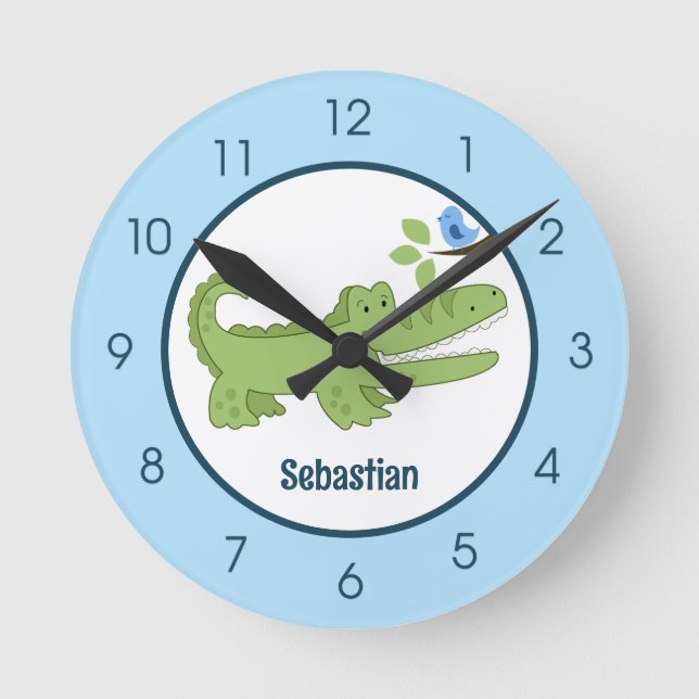 Alligator Crocodile Blue Bird Niedliches Jungle-Ki Runde Wanduhr (Vorderseite)