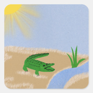 Alligator Green Whimsical Cartoon Art Quadratischer Aufkleber