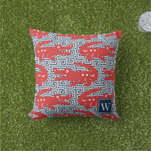 Alligator-Griechischer-Schlüssel - Rot & Navy Mono Kissen