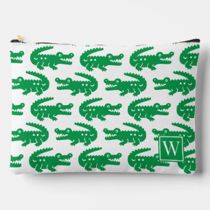 Alligator im Prepppy-Stil - Grün-weißes Monogramm Zubehörtasche
