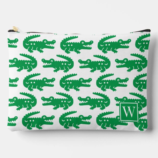 Alligator im Prepppy-Stil - Grün-weißes Monogramm Zubehörtasche (Vorderseite)