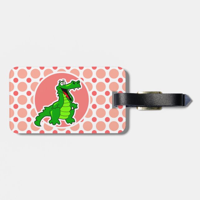 Alligator; Pink & Coral Polka Dots Gepäckanhänger (Rückseite horizontal)
