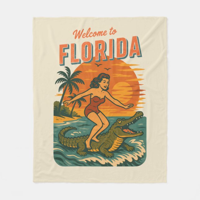 Alligator Surfing Beach Pin-up | Retro Coastal Art Fleecedecke (Vorderseite)