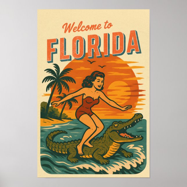 Alligator Surfing Beach Pin-up | Retro Coastal Art Poster (Vorne)