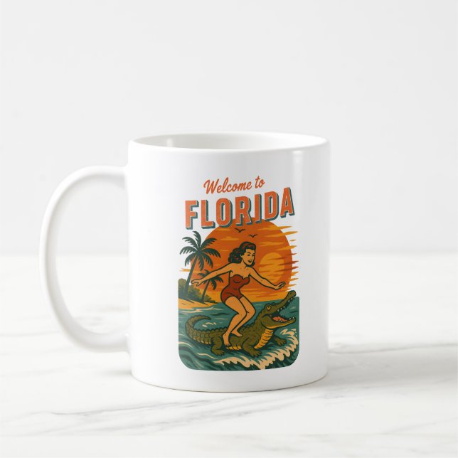 Alligator Surfing Beach Pin-up Retro Coastal Life Kaffeetasse (Links)