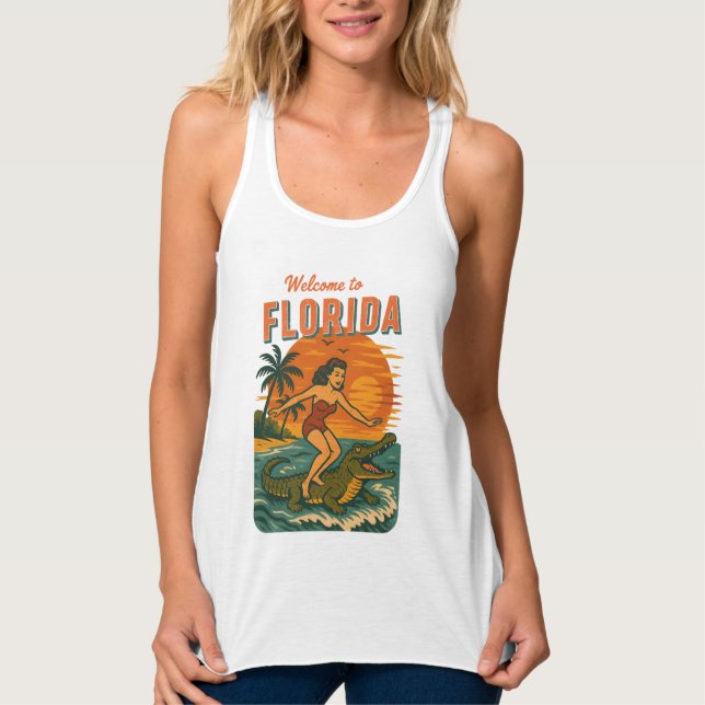 Alligator Surfing Beach Pin-up Retro Coastal Life Tank Top (Vorderseite)