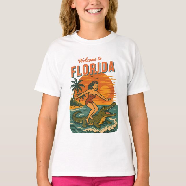 Alligator Surfing Coastal Life Graphic Retro Surf T-Shirt (Vorderseite)
