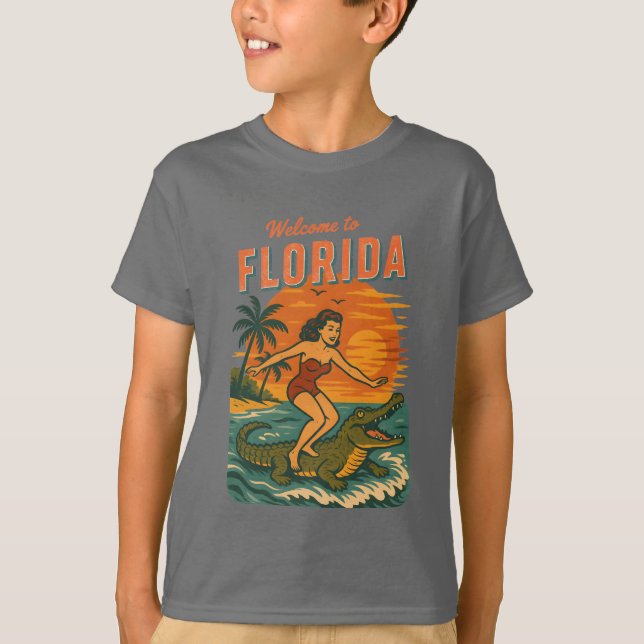 Alligator Surfing Coastal Life Graphic Retro Surf T-Shirt (Vorderseite)