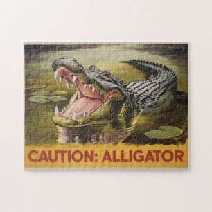 Alligator Vorsicht Illustration Vintag Inspiriert Puzzle
