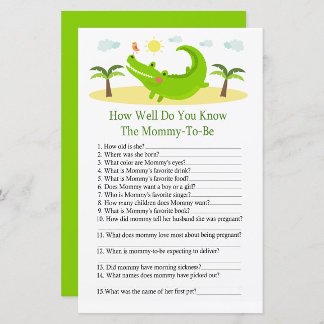 Alligator Wie gut kennen Sie das Baby-Dusche-Spiel (Vorne/Hinten)