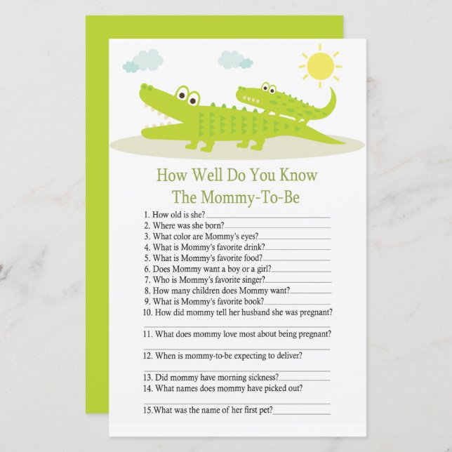 Alligator wie gut Sie wissen, Baby Dusche Spiel (Vorne/Hinten)