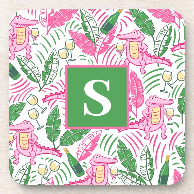 Alligator Wine Pink Green Monogram Preppy Getränkeuntersetzer (Vorderseite)