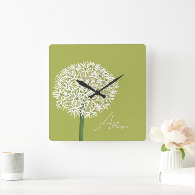  Allium Flower Botanical Art | Elegant Flora Quadratische Wanduhr (Zuhause)