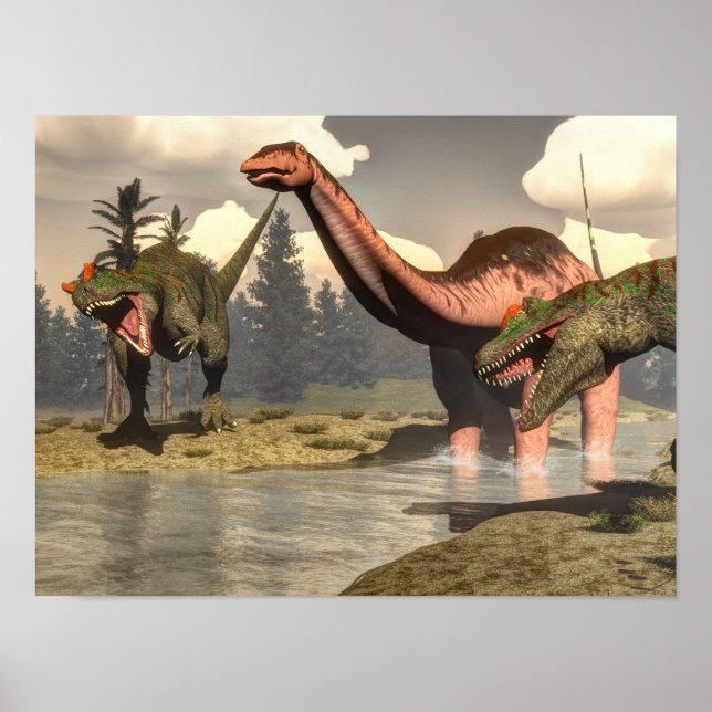 Allosaurus jagt großen Brontosaurus-Dinosaurier Poster (Vorne)