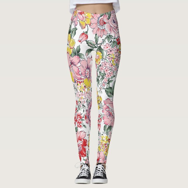 Allover Vintage Blume: Weißer Hintergrund. Leggings (Vorderseite)