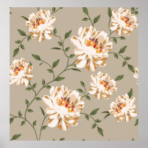 Alloverbraun-Blume-Muster auf blauem Hintergrund Poster