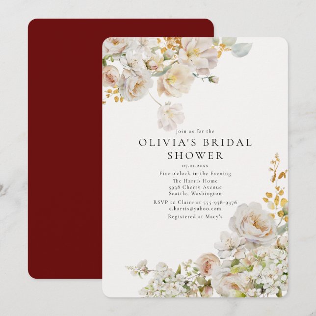 Allure - Weiße Rosen und Gipskraut Brautparty Einladung (Vorne/Hinten)