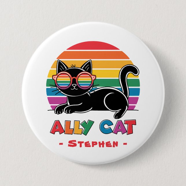 Ally Cat - Black Cat mit Rainbow Sunglasses LGBTQ Button (Vorderseite)