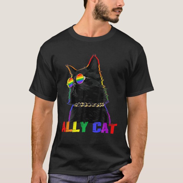 Ally Cat Glasses LGBT Gay Pride Ally Flag Regenbog T-Shirt (Vorderseite)