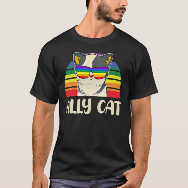 Ally Cat Glasses Sunset Rainbow LGBT Gay Lesbian T T-Shirt (Vorderseite)
