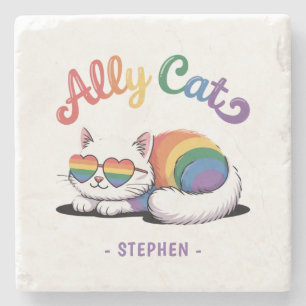 Ally Cat - Niedlicher LGBTQ-Preis für weiße Katze Steinuntersetzer