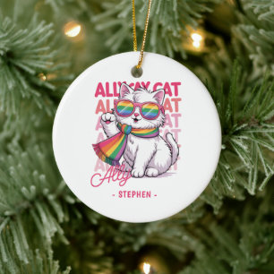 Ally Cat - Niedlicher LGBTQ-Prix der weißen Katze Keramik Ornament