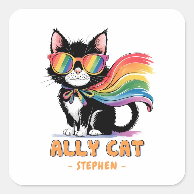 Ally Cat - Rainbow Cat LGBTQ Pride Quadratischer Aufkleber (Vorderseite)