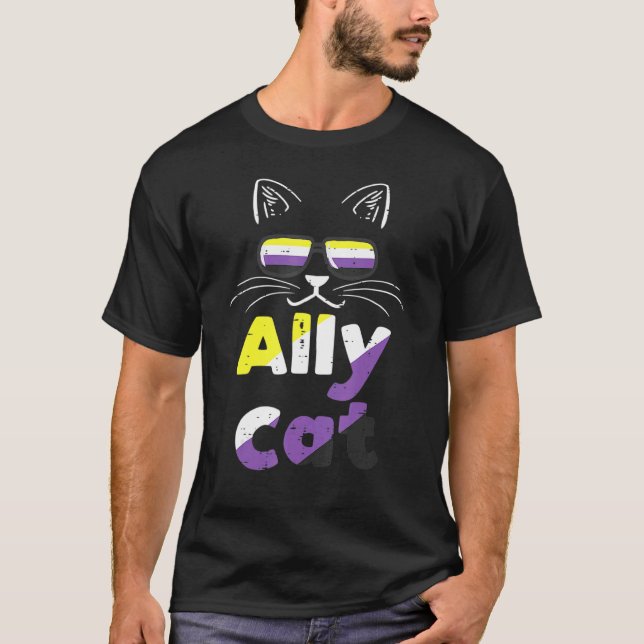 Ally Cat Sonnenbrille Nonbinary Non Binär Enby Fla T-Shirt (Vorderseite)