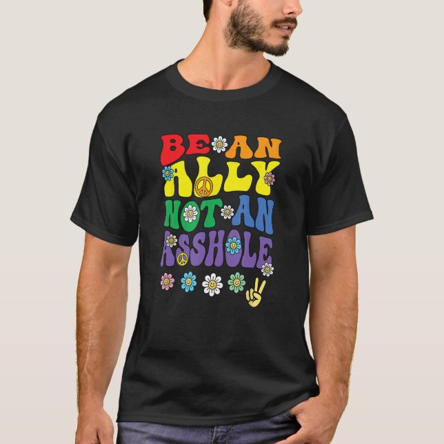 Ally Pride Rainbow  Retro Groovy LGBTQ Say Gay T-Shirt (Vorderseite)