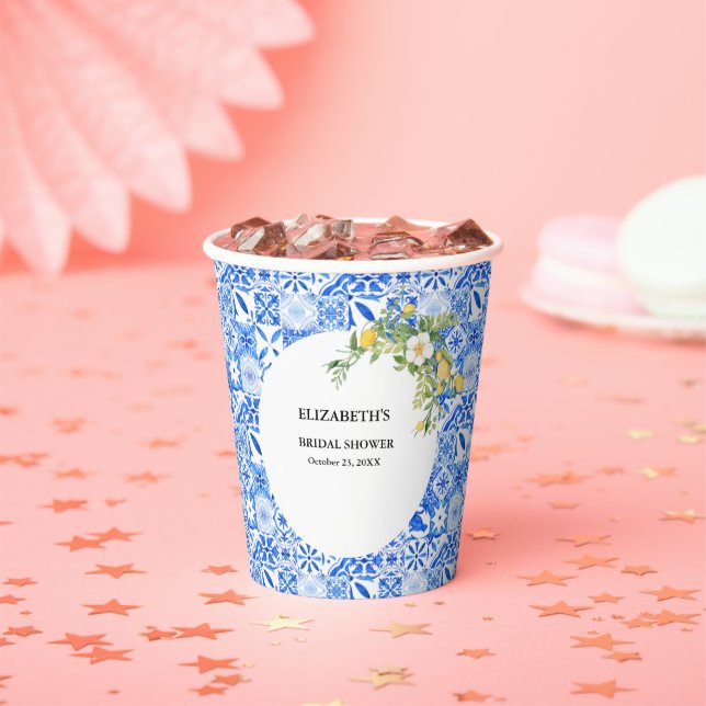 ALmafie Coast Mediterranean Lemon Tiles Wedding Pappbecher (Insitu)