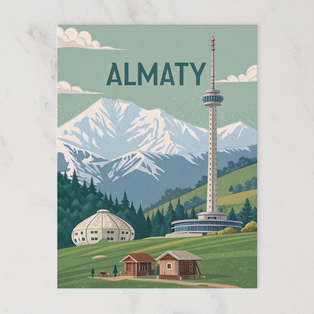 Almaty Peaks and Towers in Cold Retro View Postkarte (Von Creator hochgeladen)