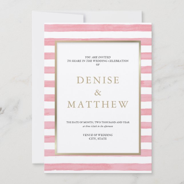 Almond Blossom Wasserfarben Streifen und Goldschri Einladung (Vorderseite)