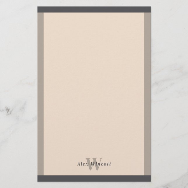 Almond Warm Gray Borders Mit Monogramm Briefpapier (Vorderseite)
