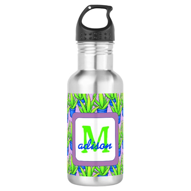 Aloe Vera Pflanze Muster Mit Monogramm Edelstahlflasche (Vorderseite)