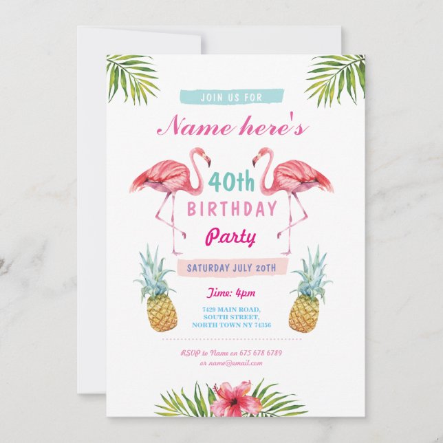 Aloha 40. Geburtstag Party Einladung Flamingo Trop (Vorderseite)