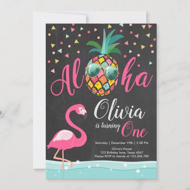 Aloha Ananas Flamingo Geburtstag Einladung Rosa (Vorderseite)