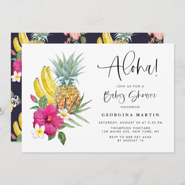 Aloha Ananas und Hibiskus Tropical Baby Shower Einladung (Vorne/Hinten)