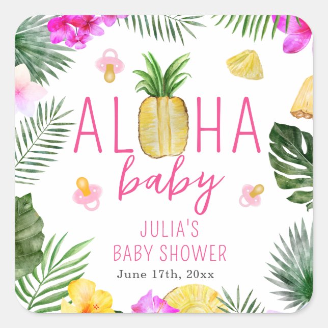 Aloha Baby Ananas & Schnullers Babydusche Luau Quadratischer Aufkleber (Vorderseite)