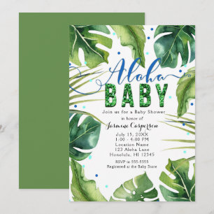 ALOHA BABY Baby Shower Tropische Blätter Blau Grün Einladung