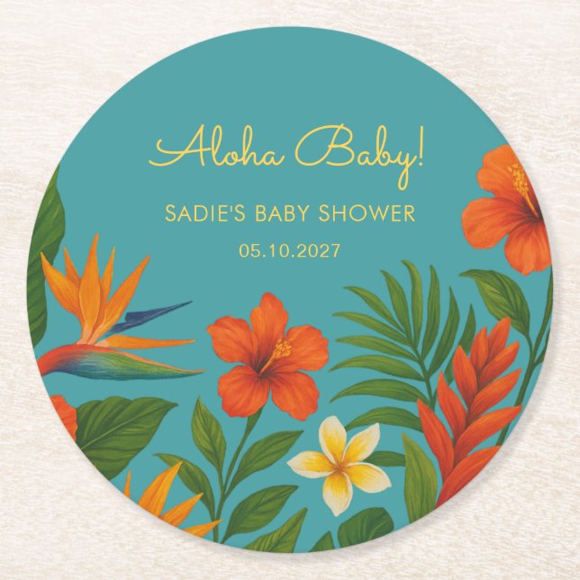 Aloha Baby! Chic Tropical Baby Shower Runder Pappuntersetzer (Vorderseite)