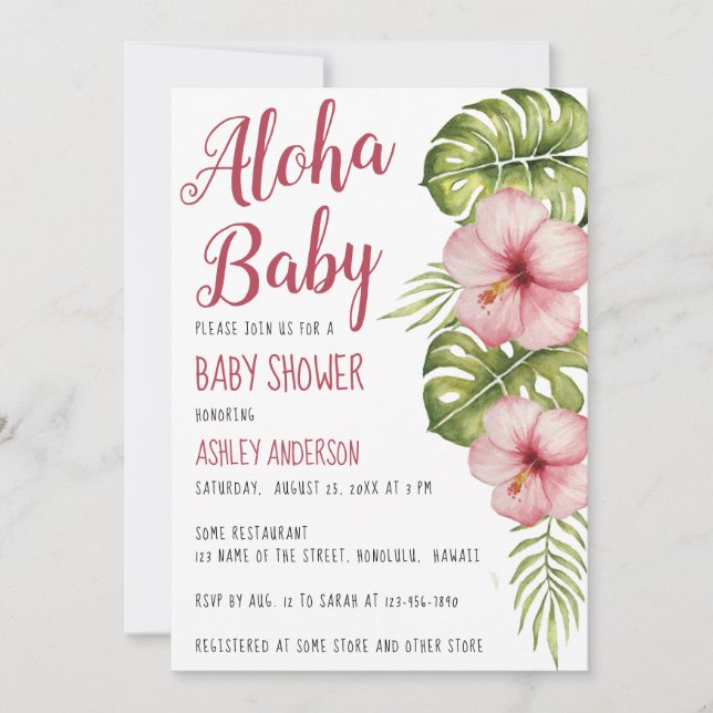 Aloha Baby Dusche tropische Flora Wasserfarbe Rosa Einladung (Vorderseite)