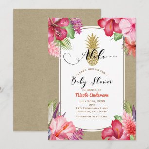 Aloha-Baby-Party Tropical Gold Ananas Blumenmuster Einladung