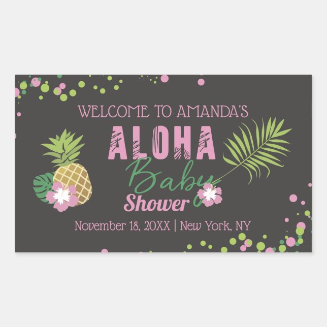 Aloha Baby Pink Ananas Tropical Baby Dusche Rechteckiger Aufkleber (Vorderseite)